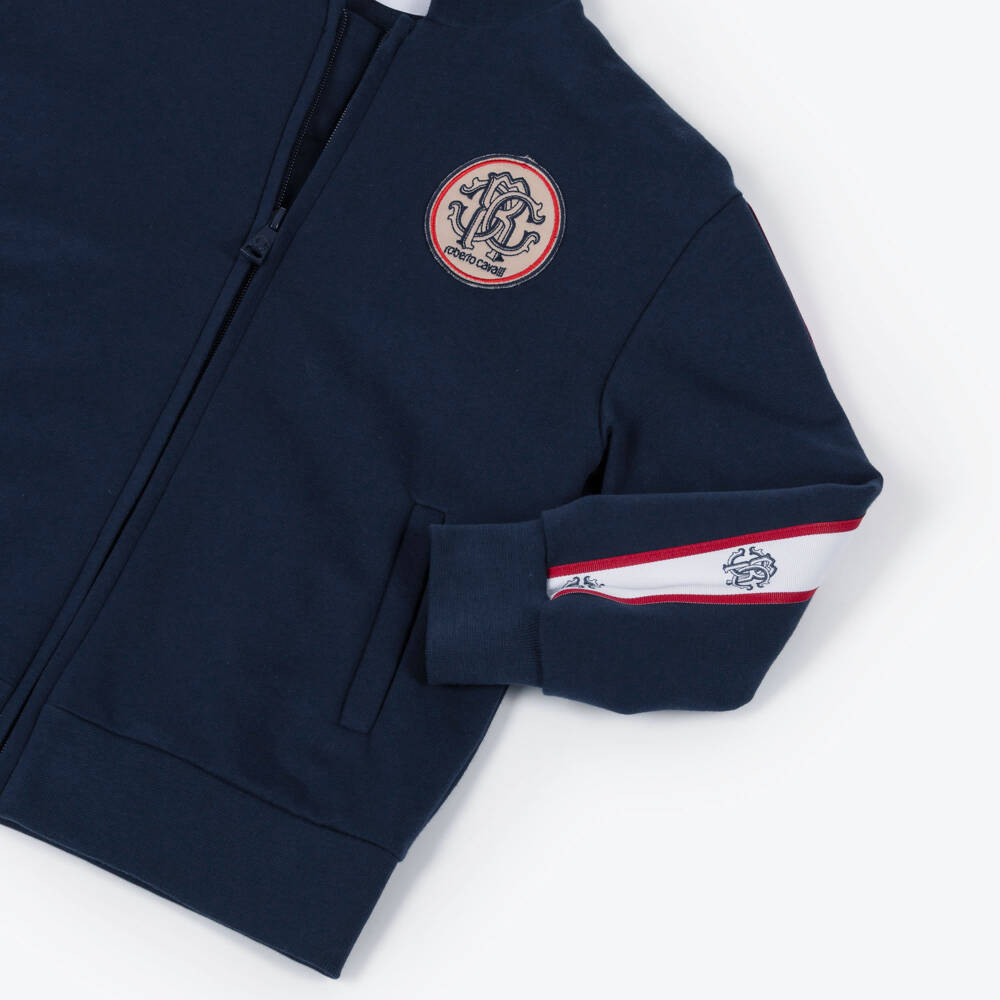 Roberto Cavalli-Boys Navy Blue Cotton Monogram Logo Tape Zip-Up Hoodie | Childrensalon Outlet