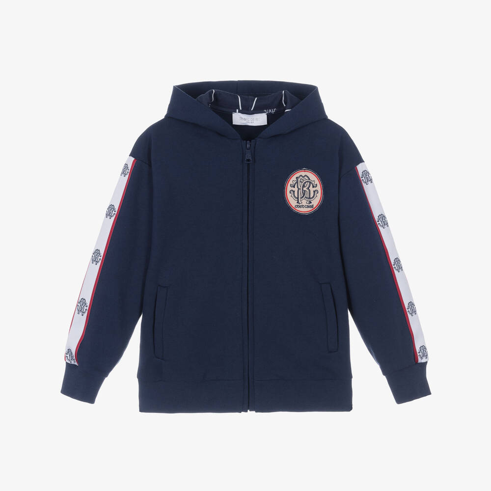 Roberto Cavalli-Boys Navy Blue Cotton Monogram Logo Tape Zip-Up Hoodie | Childrensalon Outlet