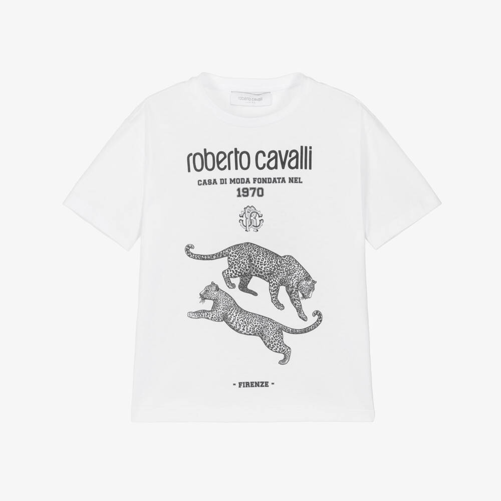 Roberto Cavalli-Boys White Cotton Monogram Logo Leopard T-Shirt | Childrensalon Outlet