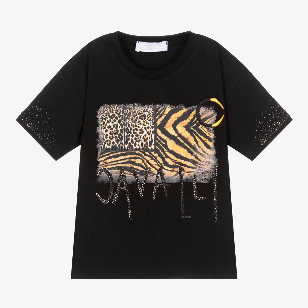 Roberto Cavalli - Черная хлопковая футболка для девочек  | Childrensalon