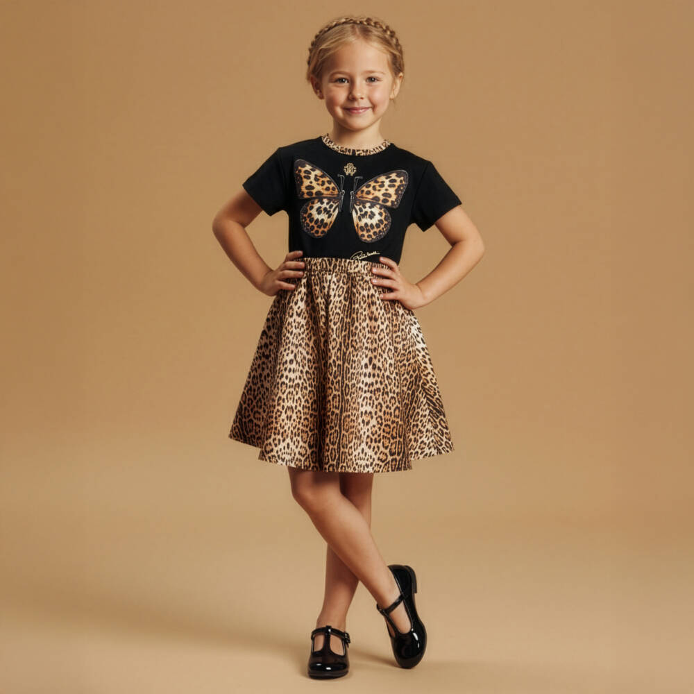 Roberto Cavalli-Girls Black & Leopard Print Cotton Butterfly Dress | Childrensalon Outlet