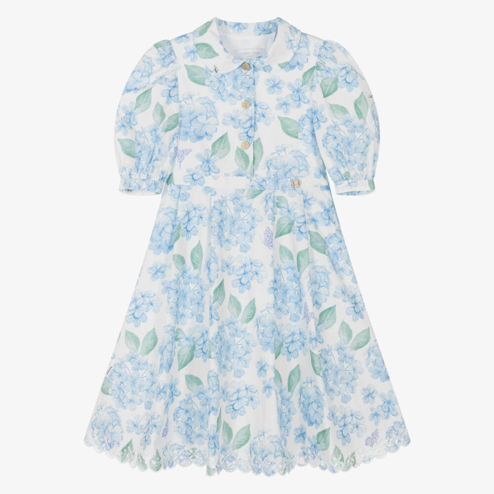 Roberto Cavalli-Girls Blue Floral Print Cotton Dress | Childrensalon Outlet