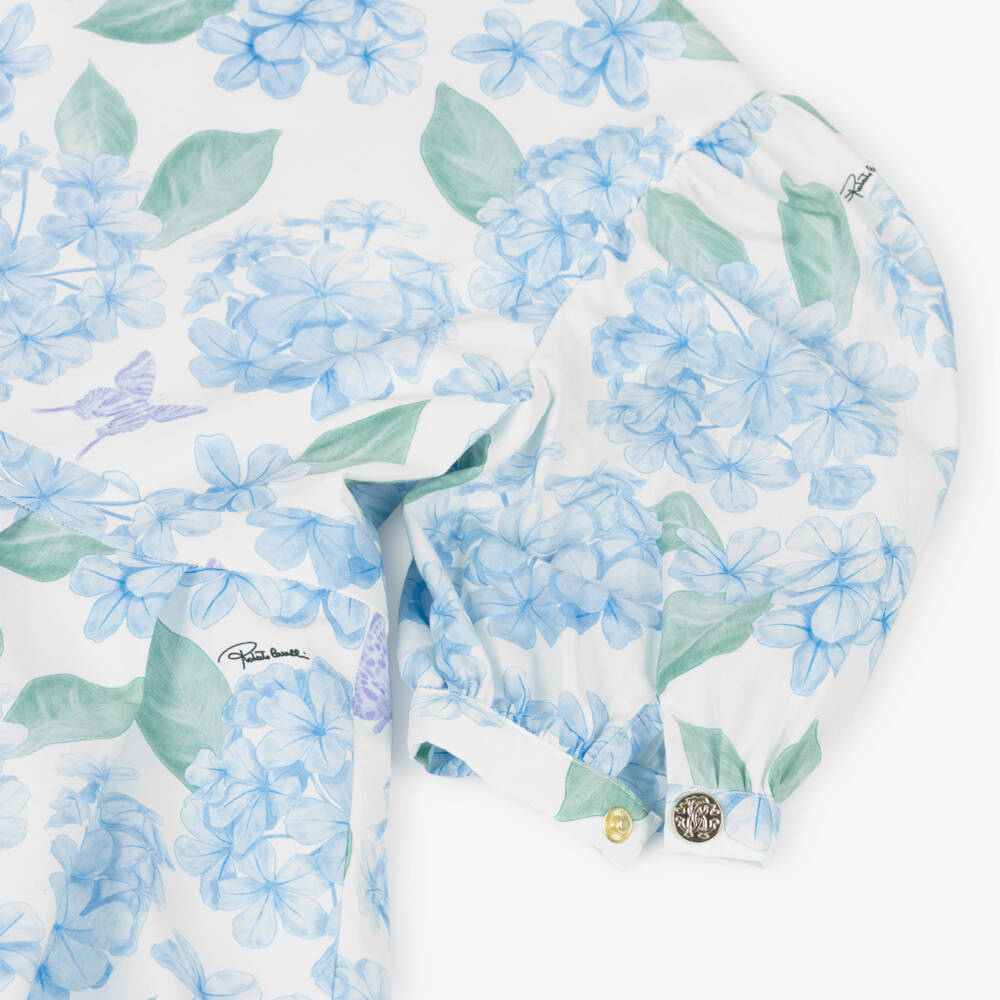 Roberto Cavalli-Girls Blue Floral Print Cotton Dress | Childrensalon Outlet