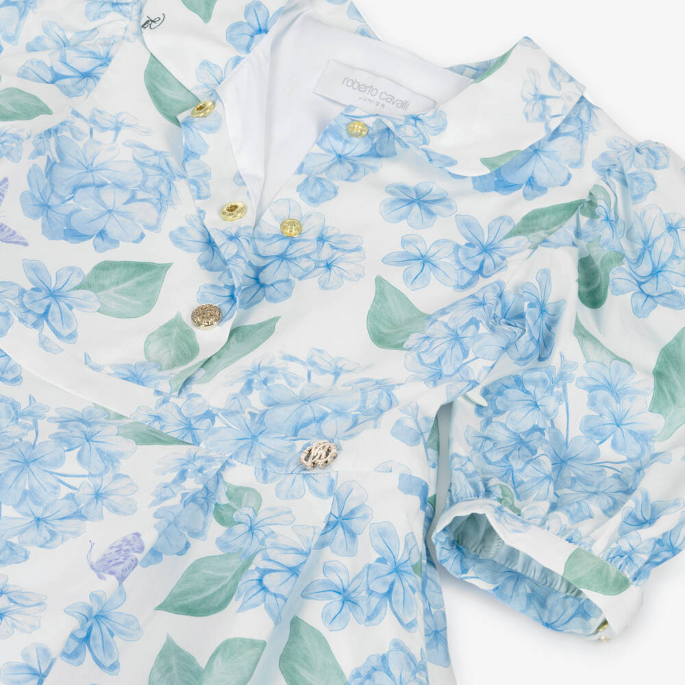 Roberto Cavalli-Girls Blue Floral Print Cotton Dress | Childrensalon Outlet