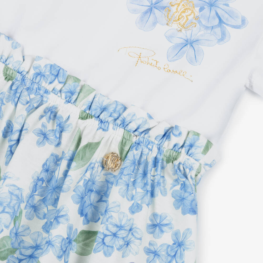 Roberto Cavalli-Girls Blue Floral Print Cotton Dress | Childrensalon Outlet