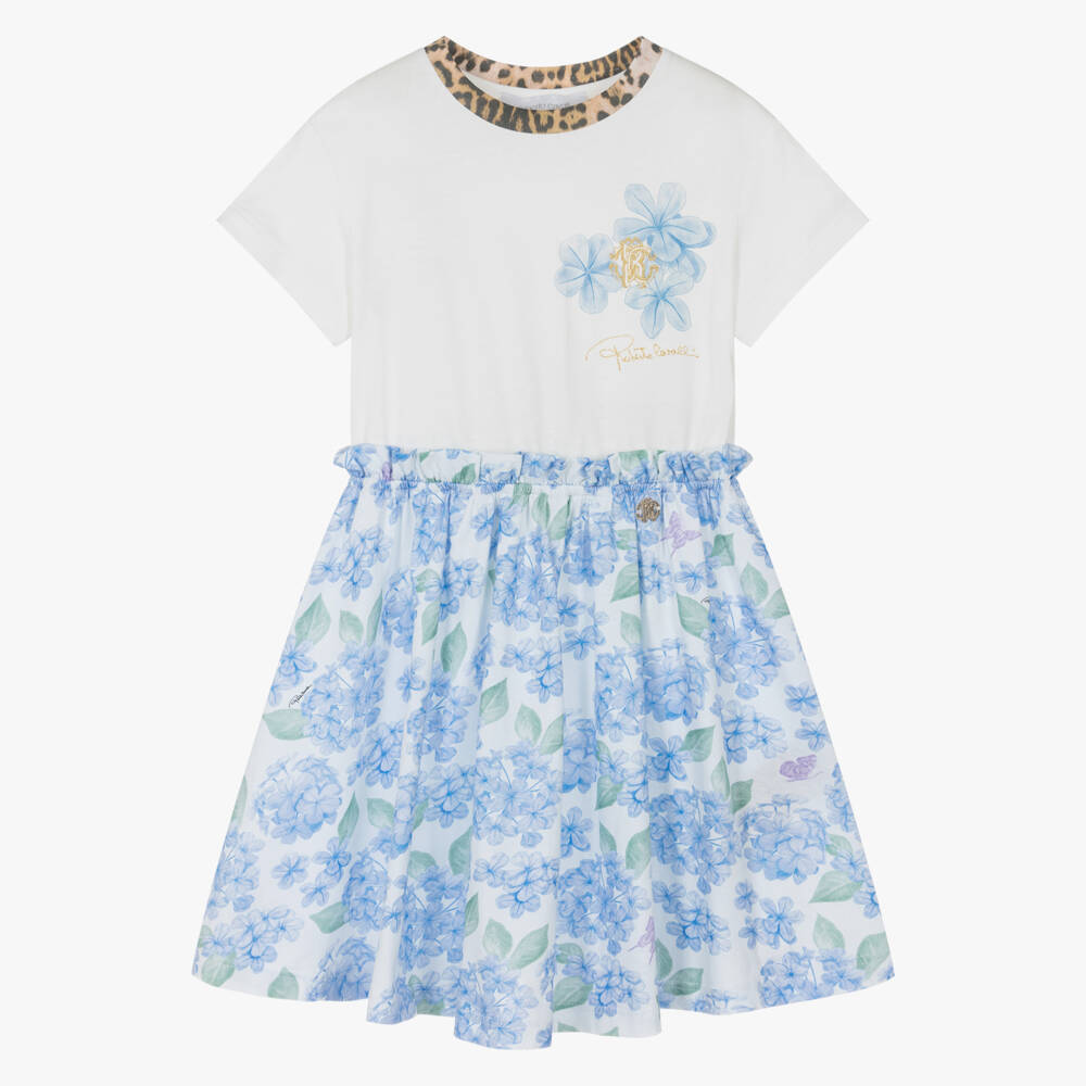 Roberto Cavalli-Girls Blue Floral Print Cotton Dress | Childrensalon Outlet