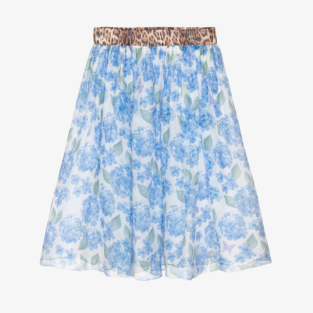 Roberto Cavalli-Girls Blue Hydrangea Print Chiffon Midi Skirt | Childrensalon Outlet