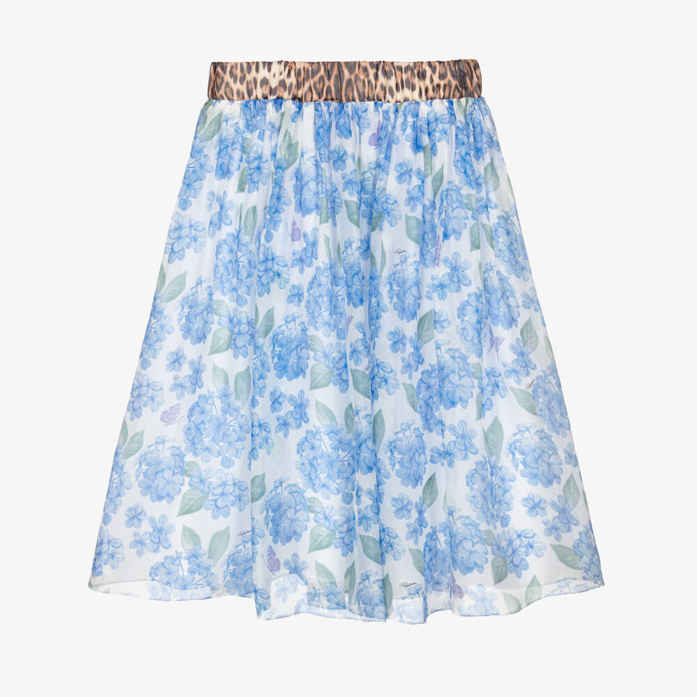 Roberto Cavalli-Girls Blue Hydrangea Print Chiffon Midi Skirt | Childrensalon Outlet