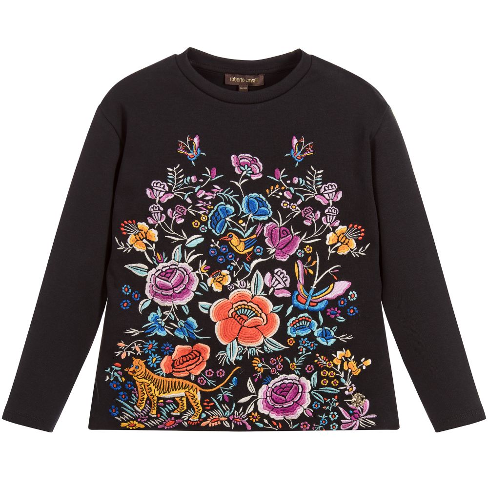 Roberto Cavalli - Girls Embroidered Black Top | Childrensalon