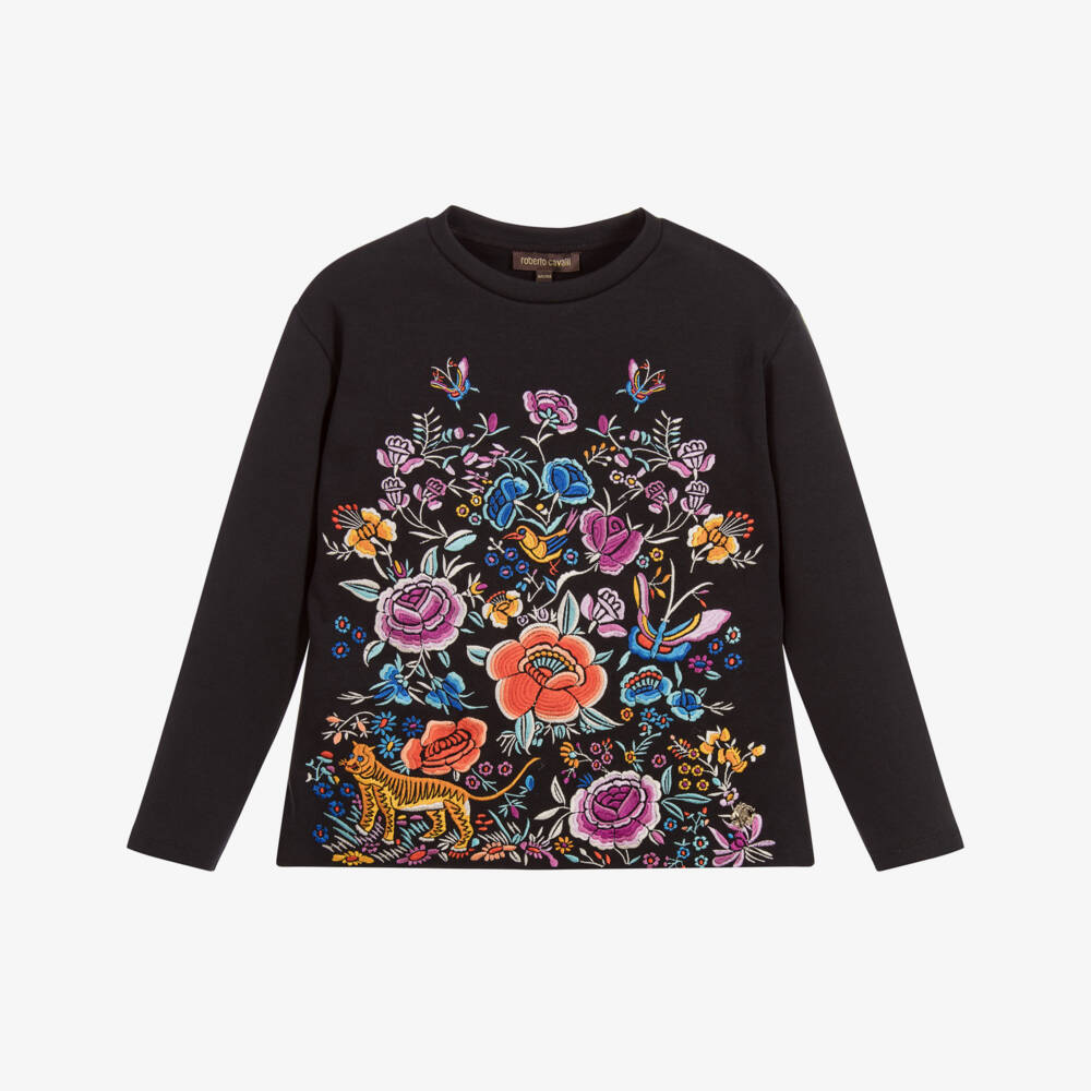 Roberto Cavalli-Girls Embroidered Black Top | Childrensalon Outlet