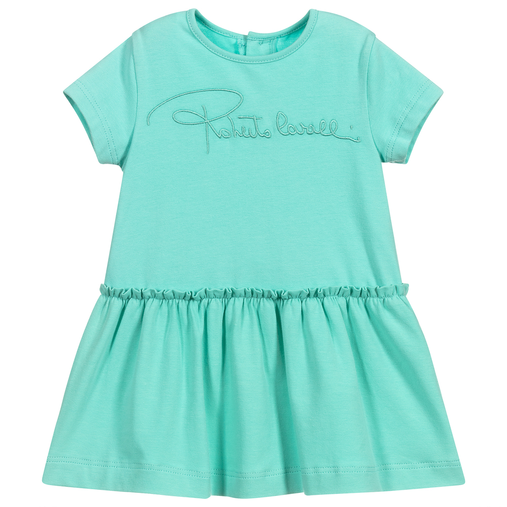 Roberto Cavalli - Girls Green Cotton Logo Dress | Childrensalon