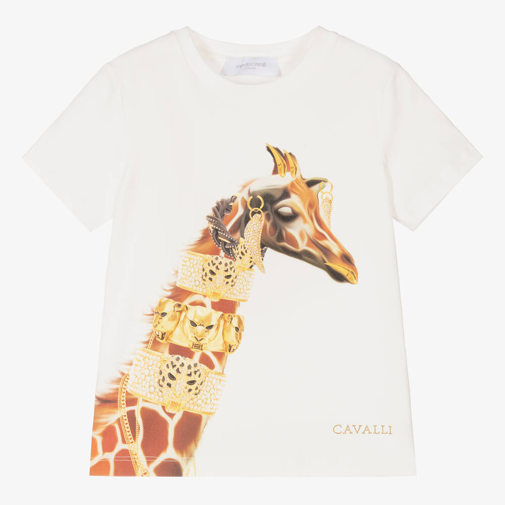Roberto Cavalli - Кремовая футболка с жирафом для девочек | Childrensalon