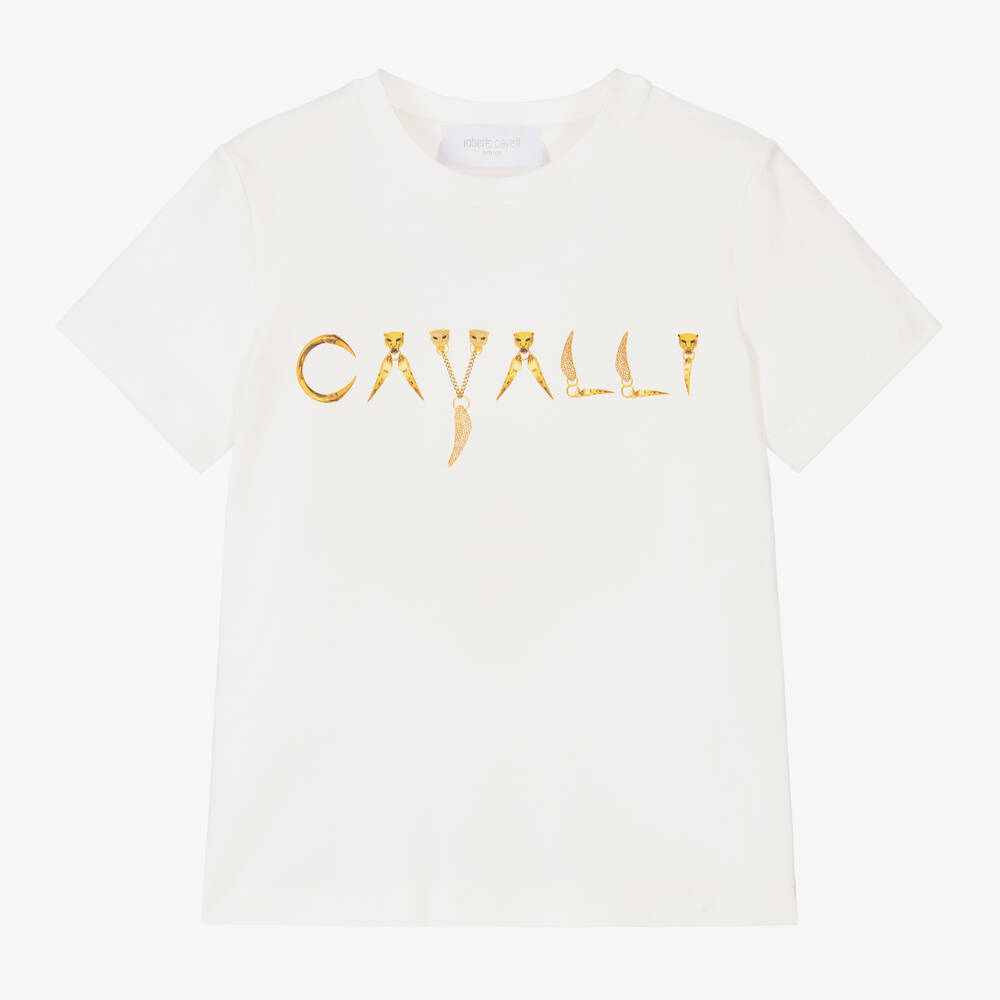 Roberto Cavalli - Girls Ivory Logo T-Shirt | Childrensalon