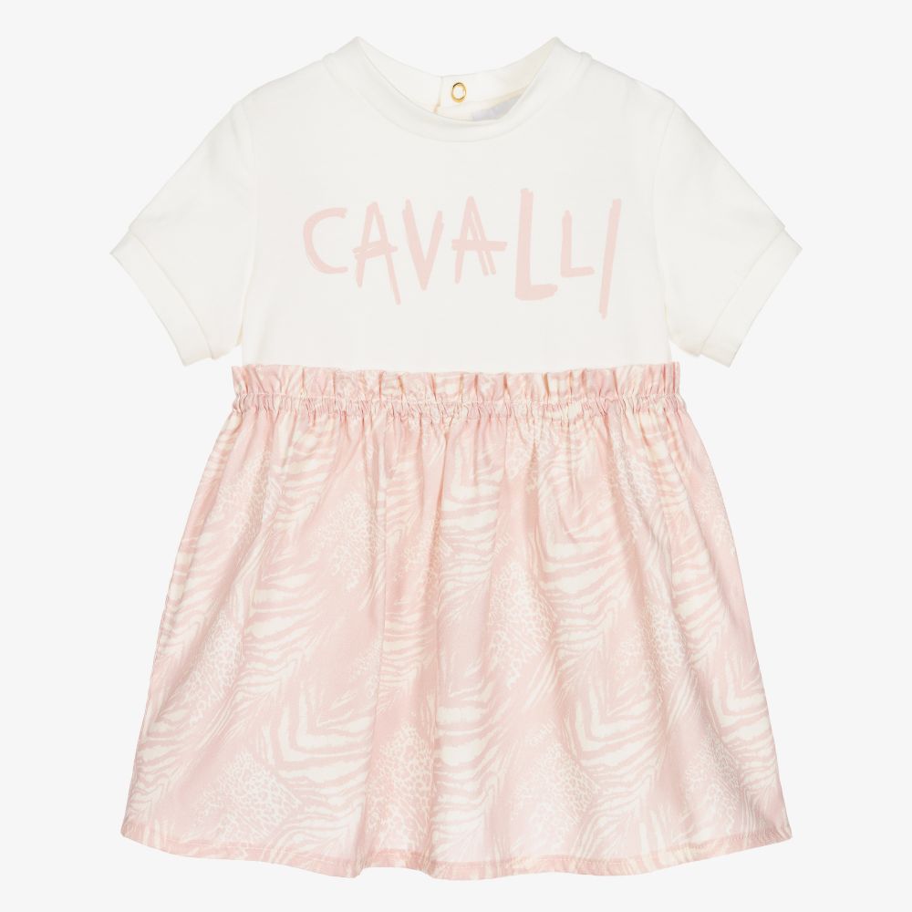Roberto Cavalli - Girls Ivory & Pink Logo Dress | Childrensalon