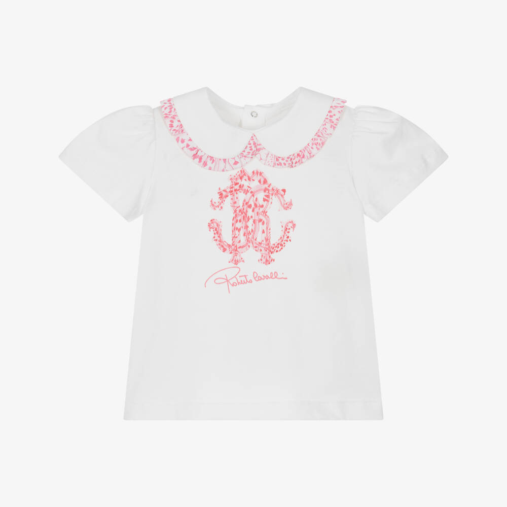 Roberto Cavalli-Girls Monogrammed White Ruffle Tee | Childrensalon Outlet
