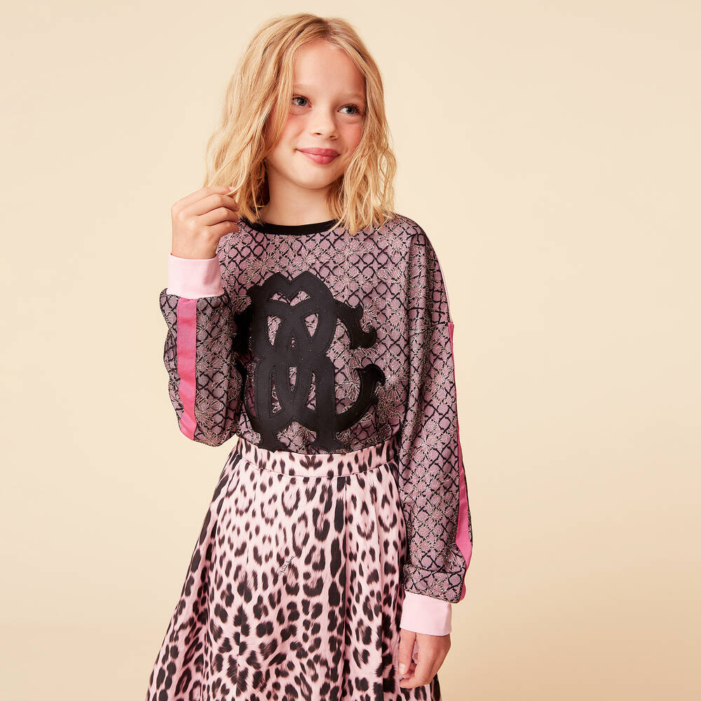 Roberto Cavalli-سويتشيرت قطن وتول لون زهري وأسود للبنات | Childrensalon Outlet