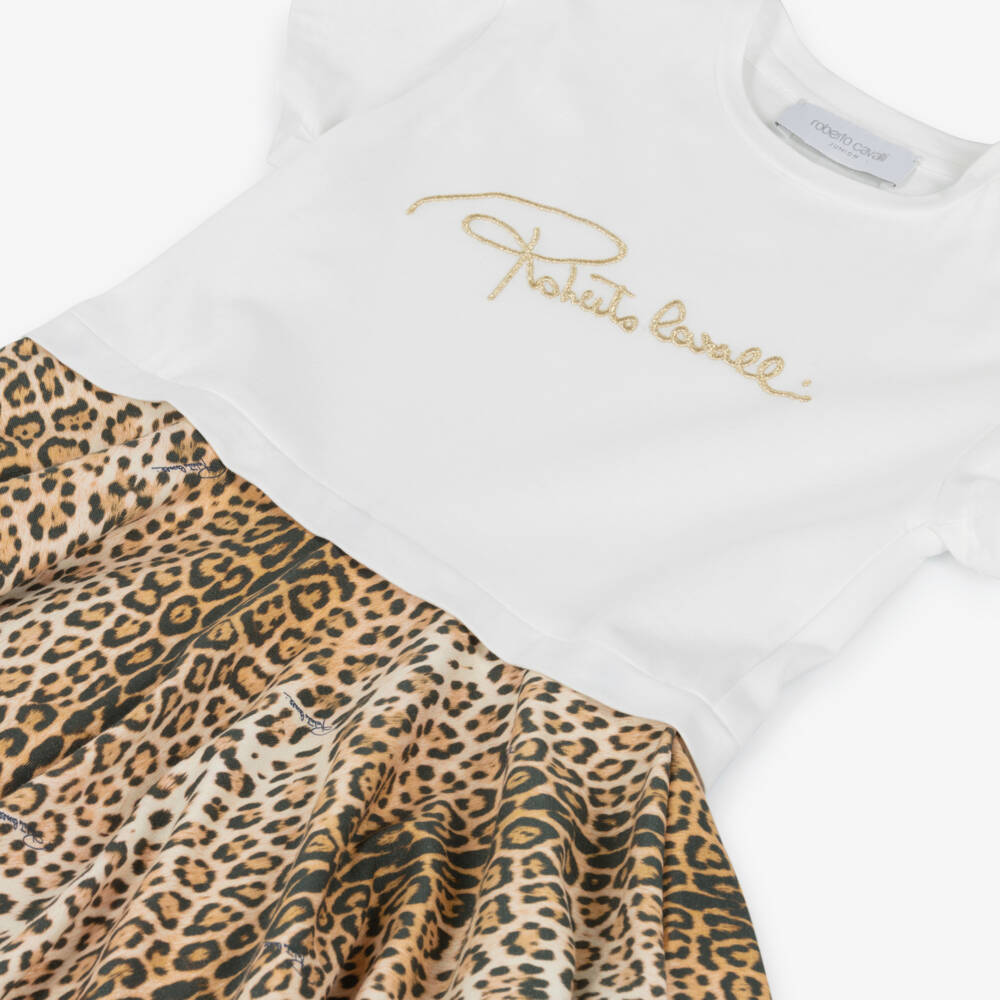 Roberto Cavalli-Girls White & Beige Leopard Cotton Jersey Dress | Childrensalon Outlet