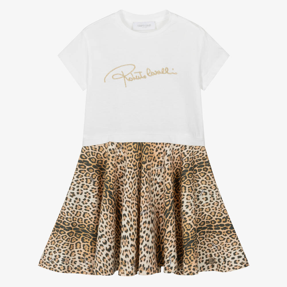 Roberto Cavalli-Girls White & Beige Leopard Cotton Jersey Dress | Childrensalon Outlet