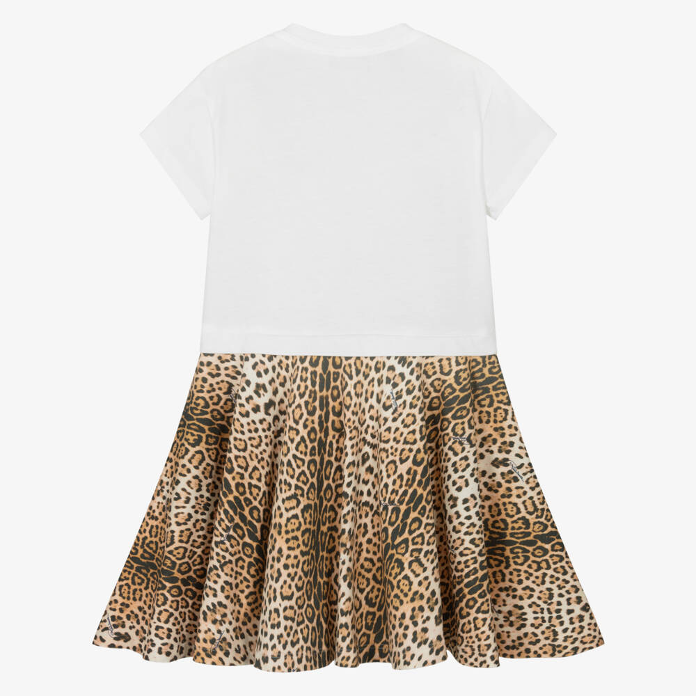 Roberto Cavalli-Girls White & Beige Leopard Cotton Jersey Dress | Childrensalon Outlet