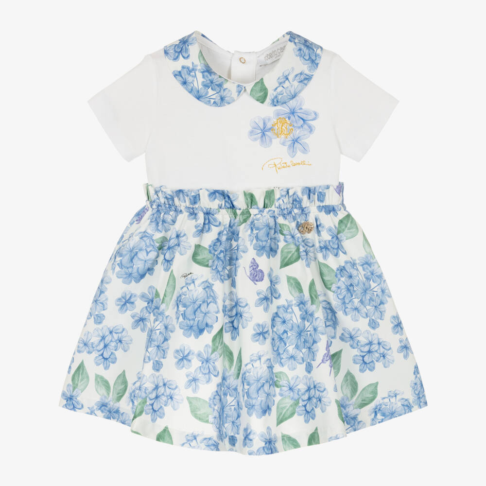 Roberto Cavalli-Girls White & Blue Floral Print Dress | Childrensalon Outlet