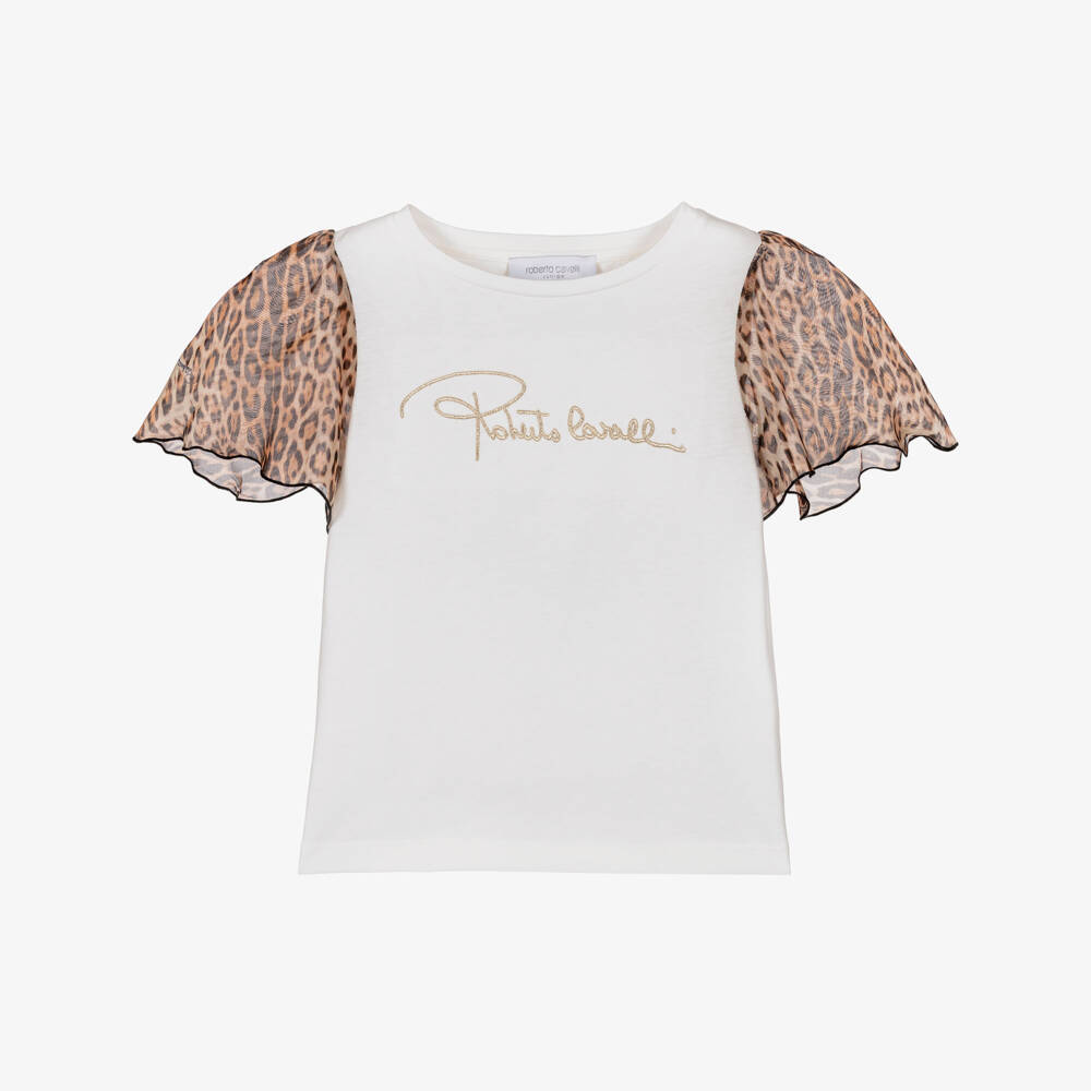 Roberto Cavalli-تيشيرت أبيض للبنات بأكمام نقشة الفهد | Childrensalon Outlet