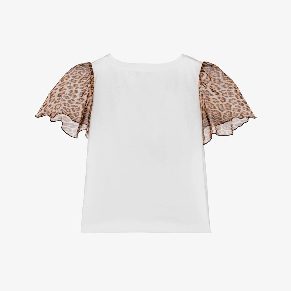Roberto Cavalli-Футболка белая с леопардовыми рукавами для девочек | Childrensalon Outlet