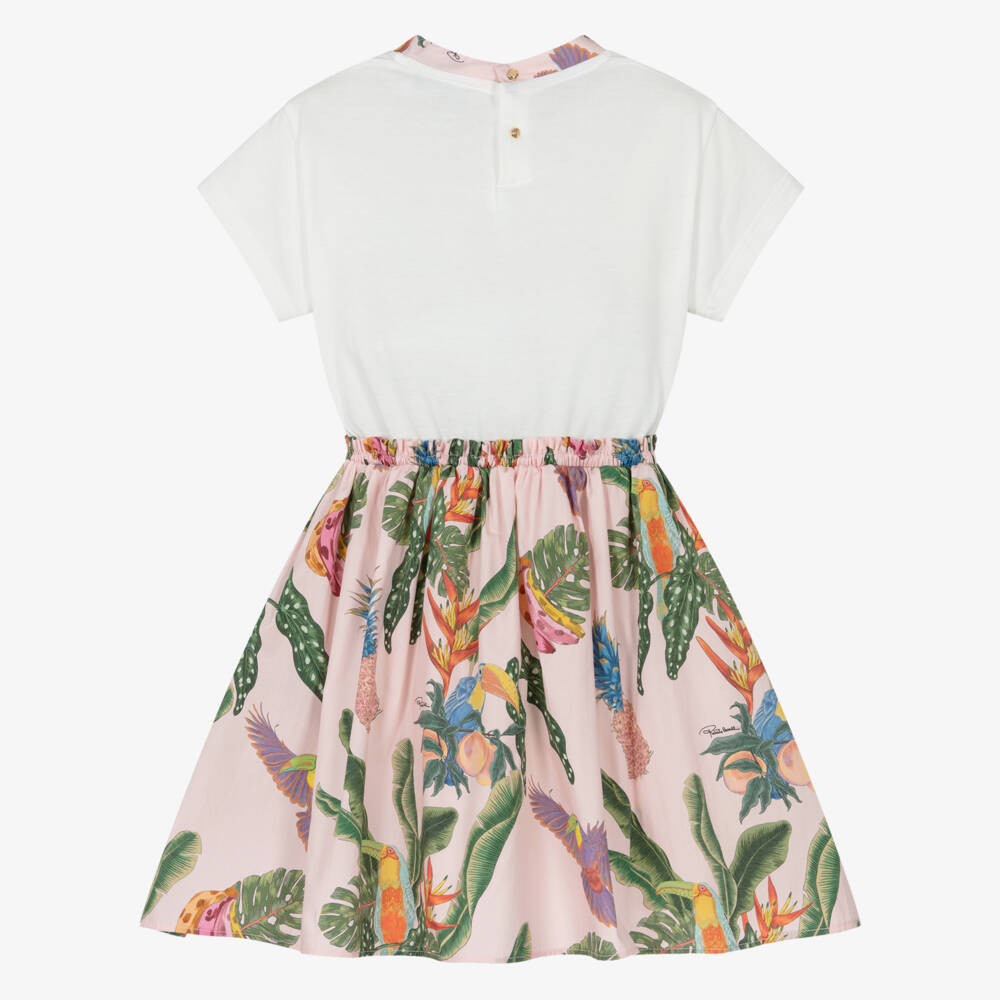 Roberto Cavalli-Girls White & Pink Tropical Print Cotton Dress | Childrensalon Outlet
