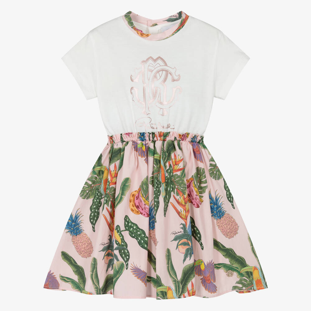 Roberto Cavalli-Girls White & Pink Tropical Print Cotton Dress | Childrensalon Outlet