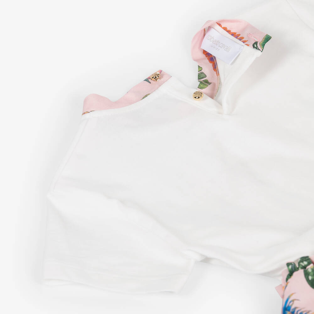 Roberto Cavalli-Girls White & Pink Tropical Print Cotton Dress | Childrensalon Outlet