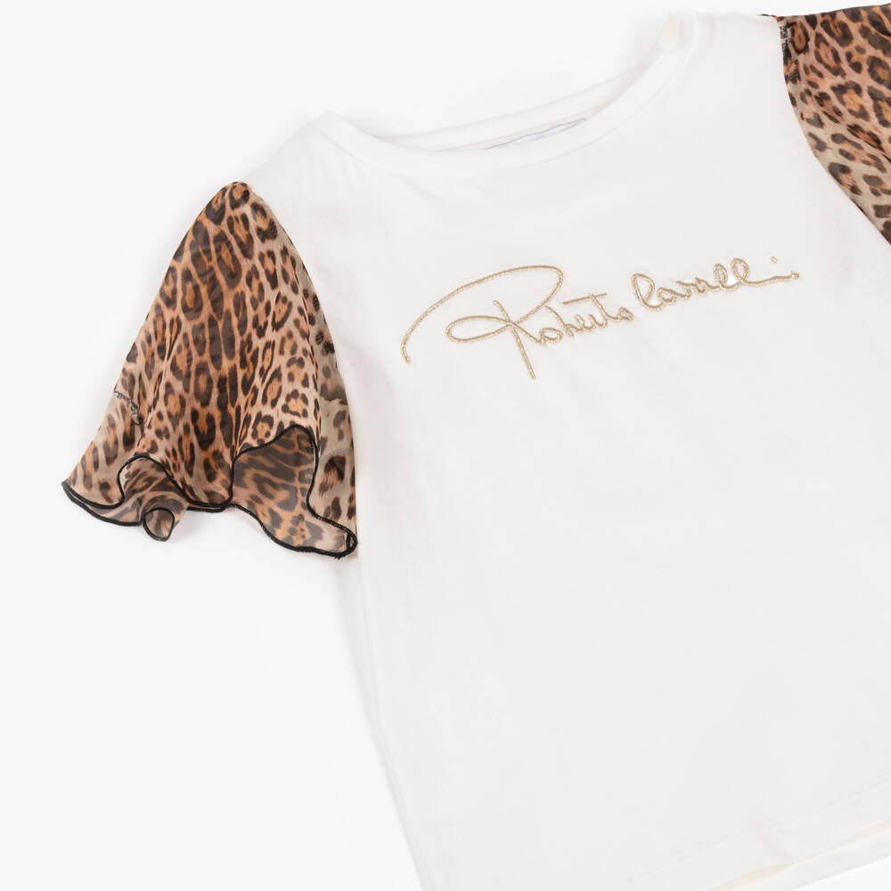 Roberto Cavalli-تيشيرت أبيض للبنات بأكمام نقشة الفهد | Childrensalon Outlet