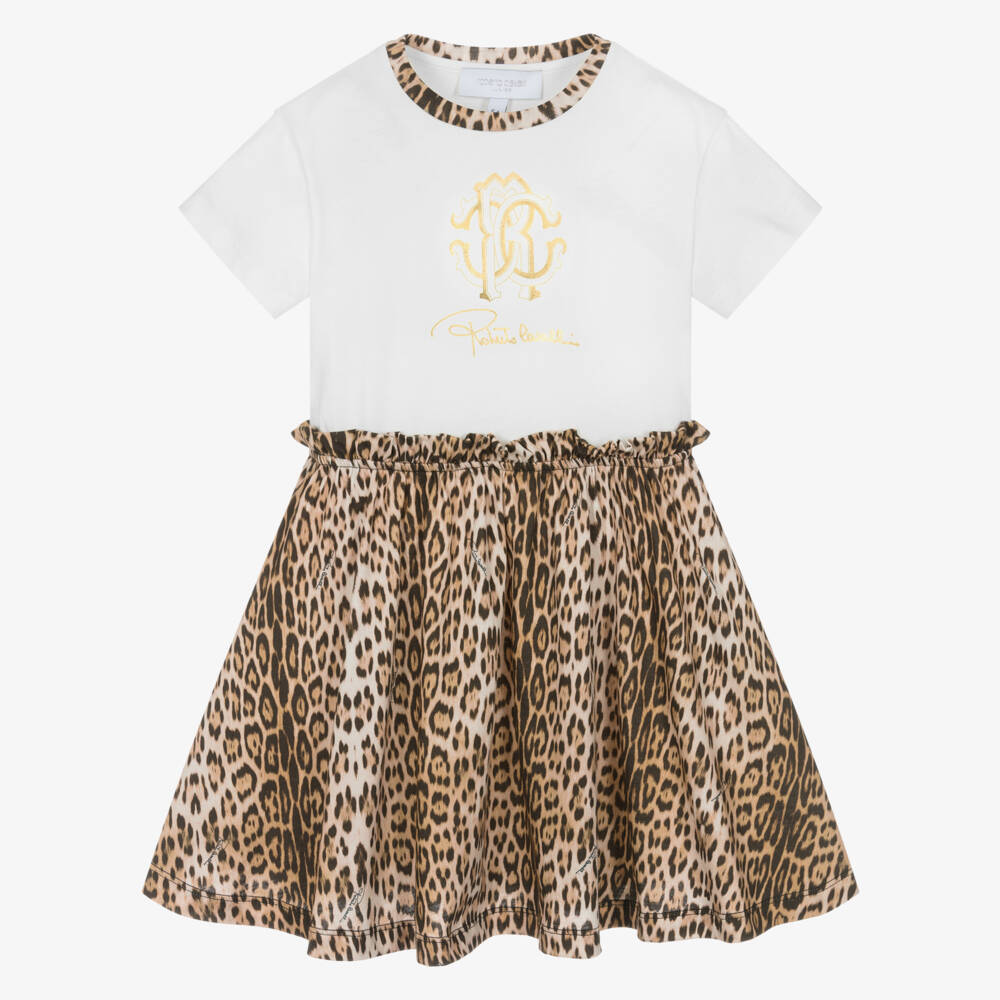 Roberto Cavalli-فستان أبيض وبيج بنقشة النمر للبنات | Childrensalon Outlet