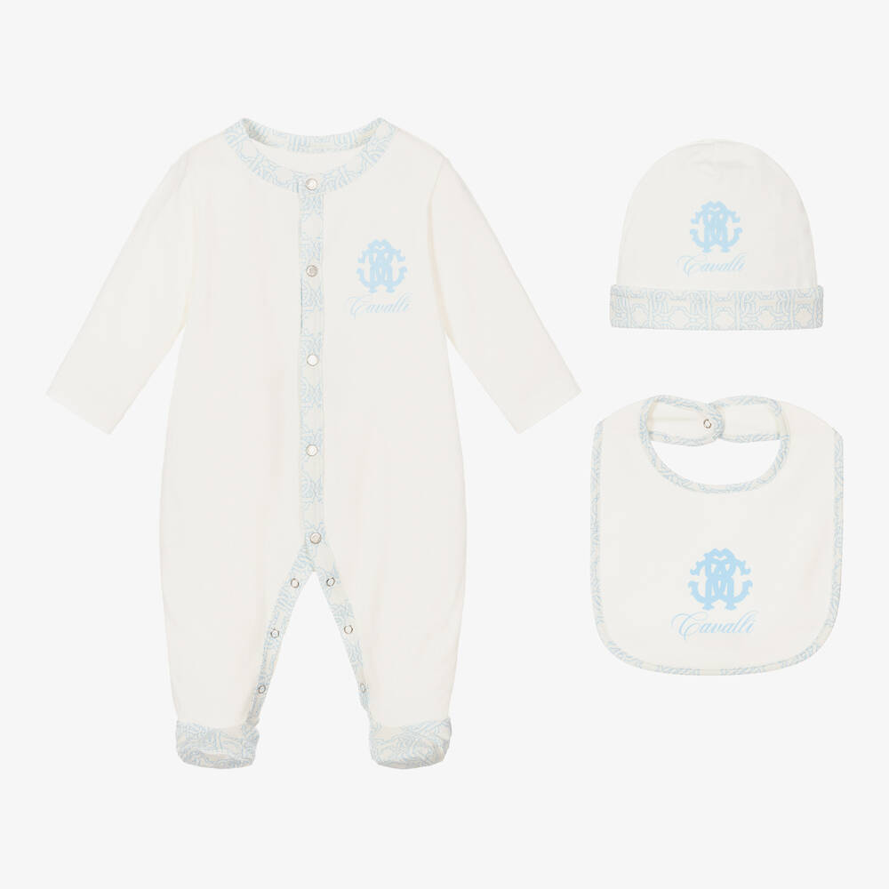 Roberto Cavalli - Ivory & Blue Logo Babygrow Set | Childrensalon