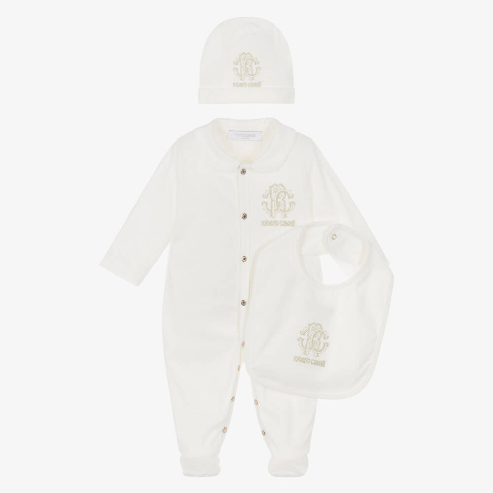 Roberto Cavalli-Ivory Cotton Babysuit Set with Gold RC Monogram Logos | Childrensalon Outlet