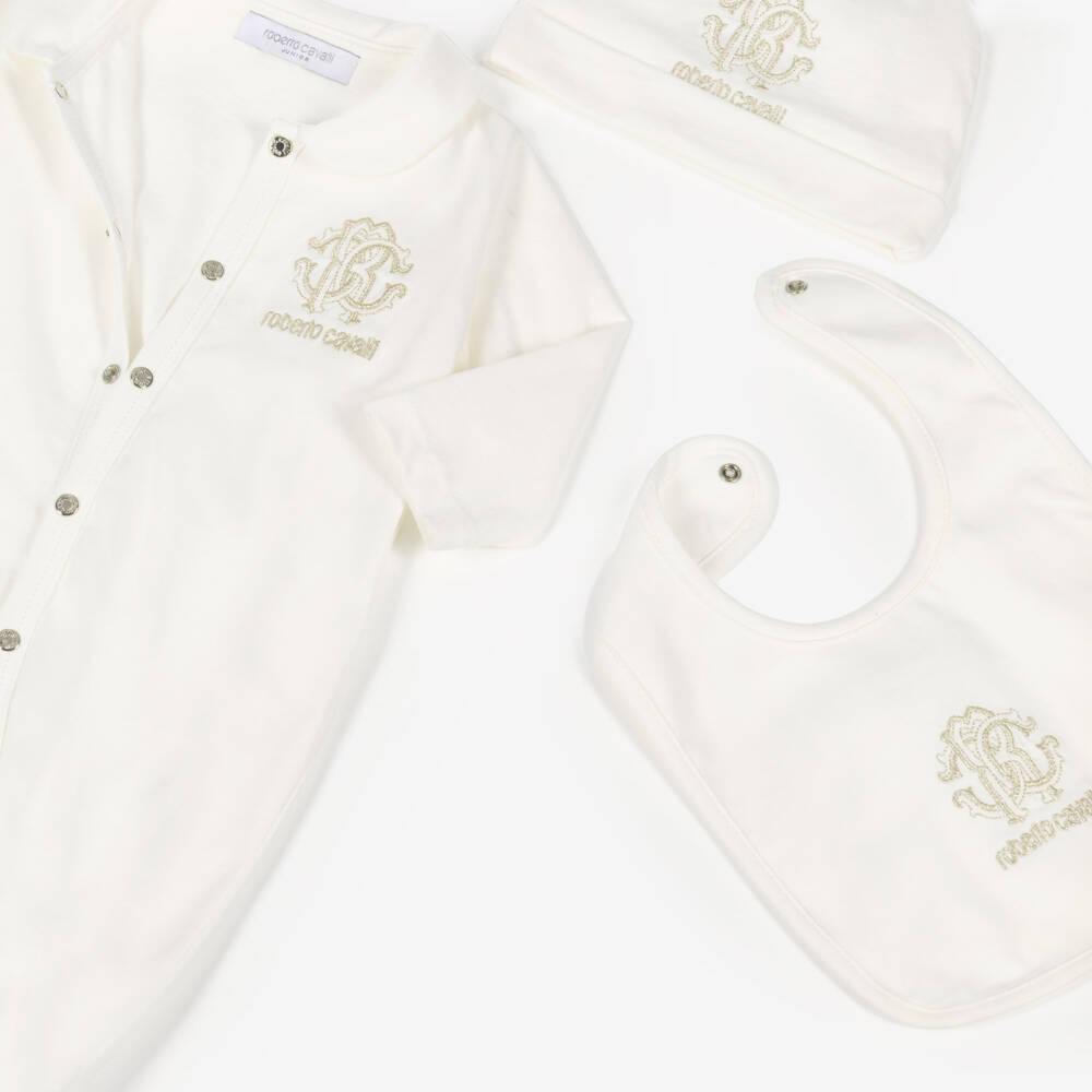 Roberto Cavalli-Ivory Cotton Babysuit Set with Gold RC Monogram Logos | Childrensalon Outlet