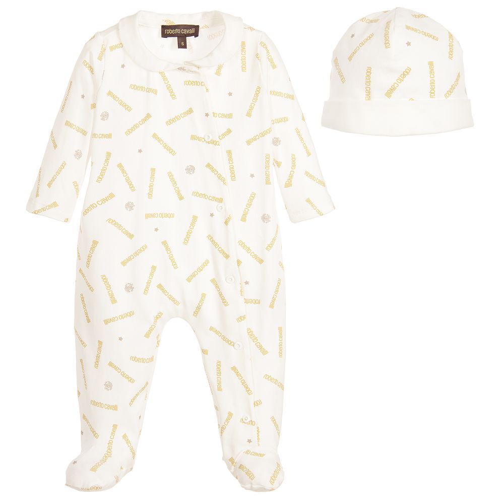 Roberto Cavalli - Ivory & Gold Logo Print Babygrow & Hat Gift Set | Childrensalon