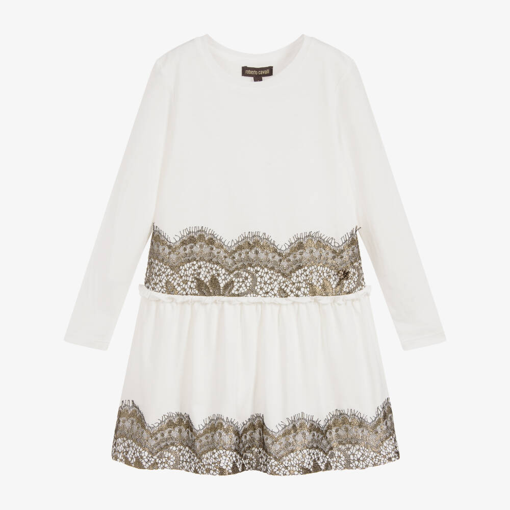 Roberto Cavalli-فستن جيرسي و دانتيل لون عاجي، ذهبي وأسود | Childrensalon Outlet
