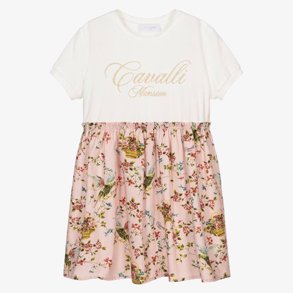 Roberto Cavalli-فستان تينز قطن لون زهري وعاجي بطبعة ورود | Childrensalon Outlet