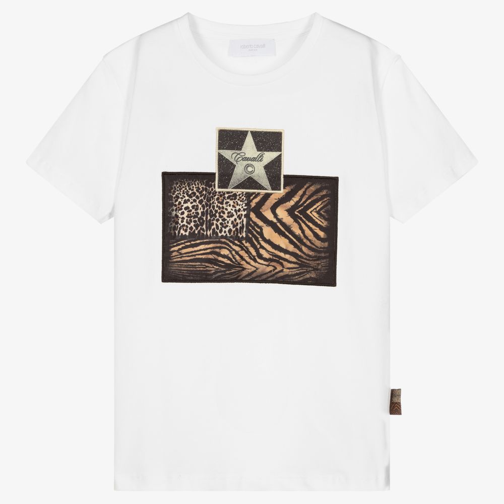 Roberto Cavalli - T-shirt blanc à imprimé Star Flag Ado  | Childrensalon
