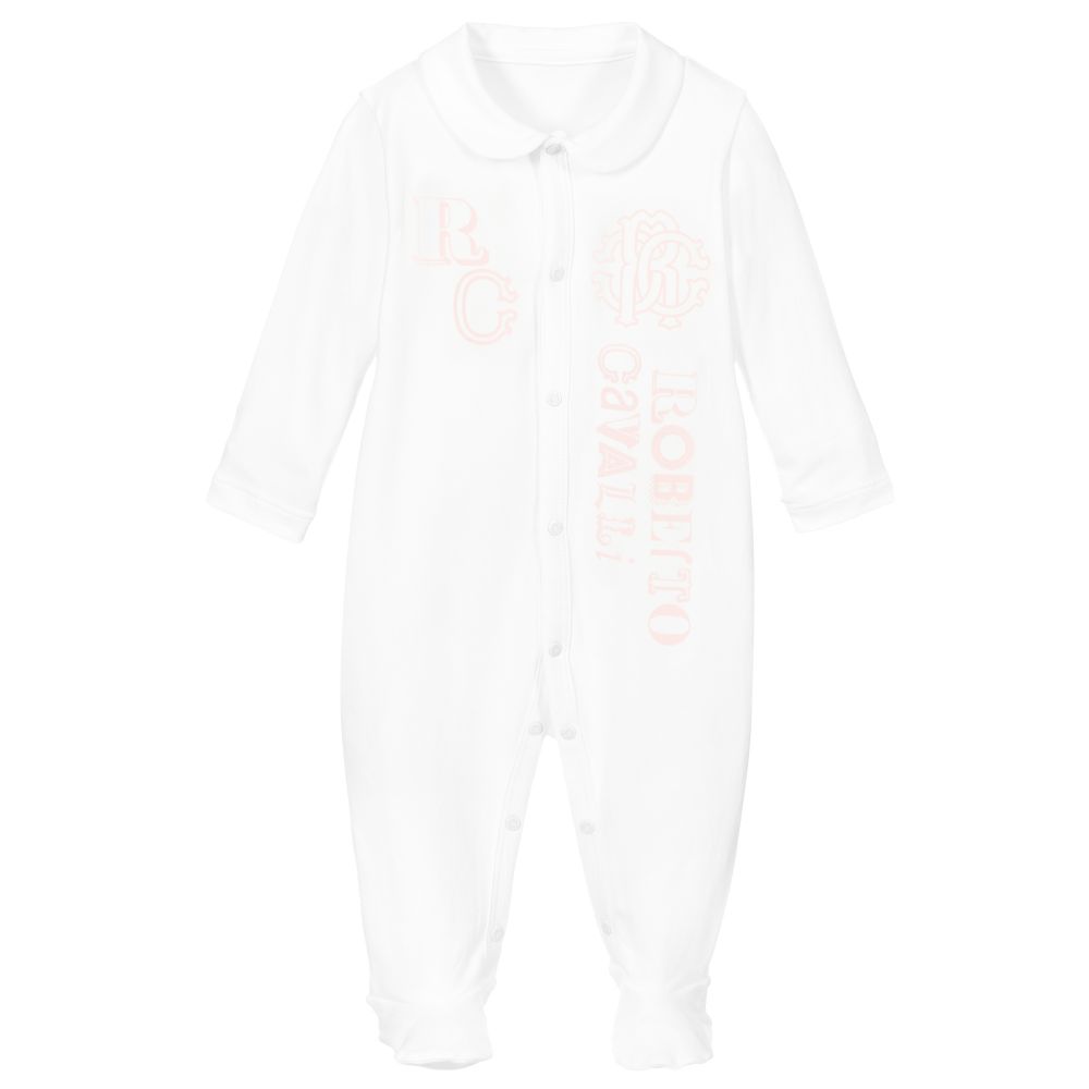 Roberto Cavalli - White Cotton Logo Babygrow | Childrensalon