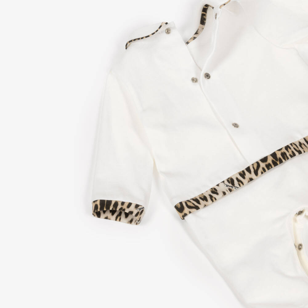 Roberto Cavalli-White & Leopard Print Cotton Babysuit Set with Script Logo | Childrensalon Outlet