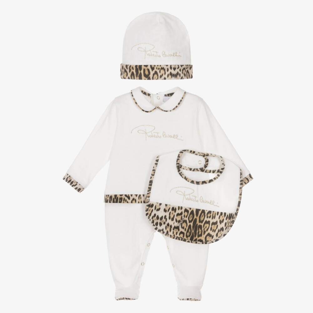Roberto Cavalli-White & Leopard Print Cotton Babysuit Set with Script Logo | Childrensalon Outlet