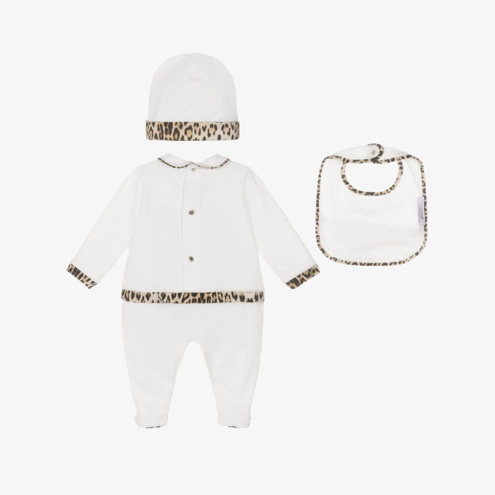 Roberto Cavalli-White & Leopard Print Cotton Babysuit Set with Script Logo | Childrensalon Outlet