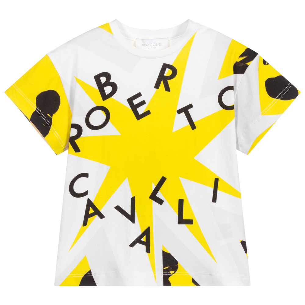 Roberto Cavalli - White & Yellow Cotton T-Shirt | Childrensalon