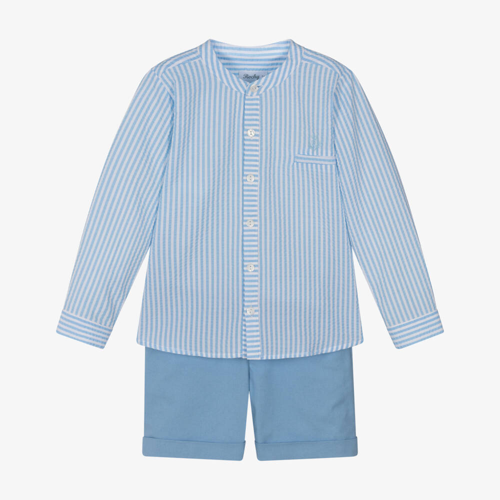 Rochy-Boys Blue Stripe Seersucker Shorts Set | Childrensalon Outlet