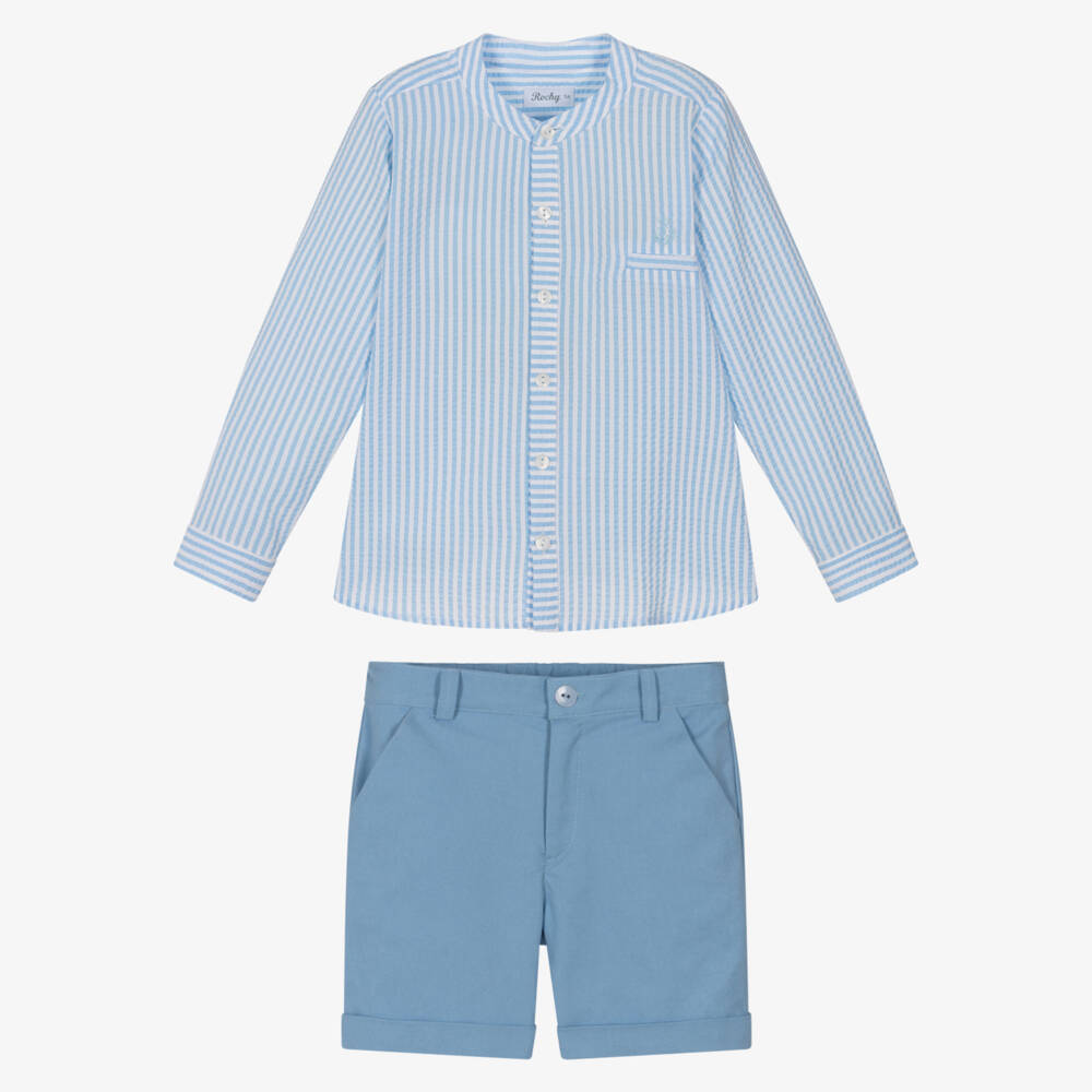 Rochy-Boys Blue Stripe Seersucker Shorts Set | Childrensalon Outlet