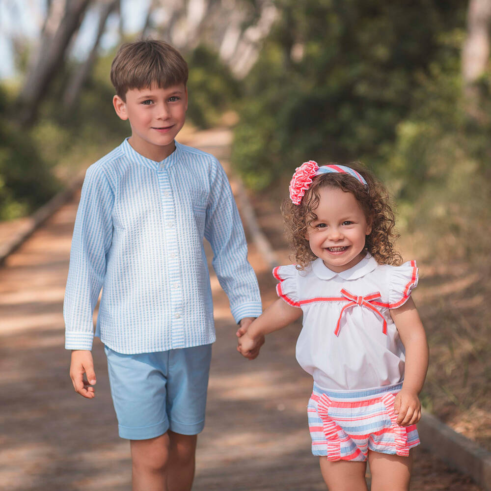 Rochy-Boys Blue Stripe Seersucker Shorts Set | Childrensalon Outlet