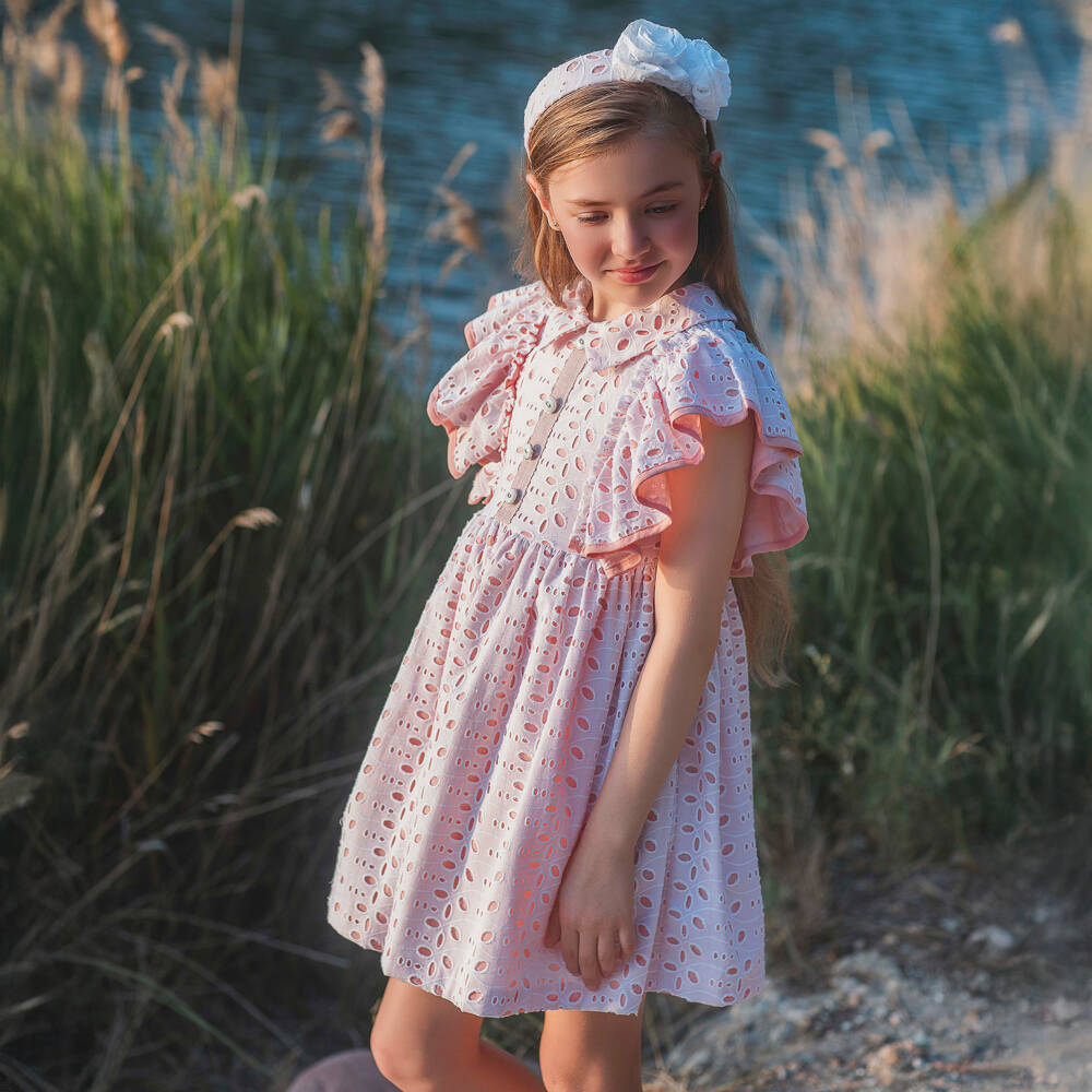 Rochy-Pink Cut Work Ruffle Dress | Childrensalon Outlet