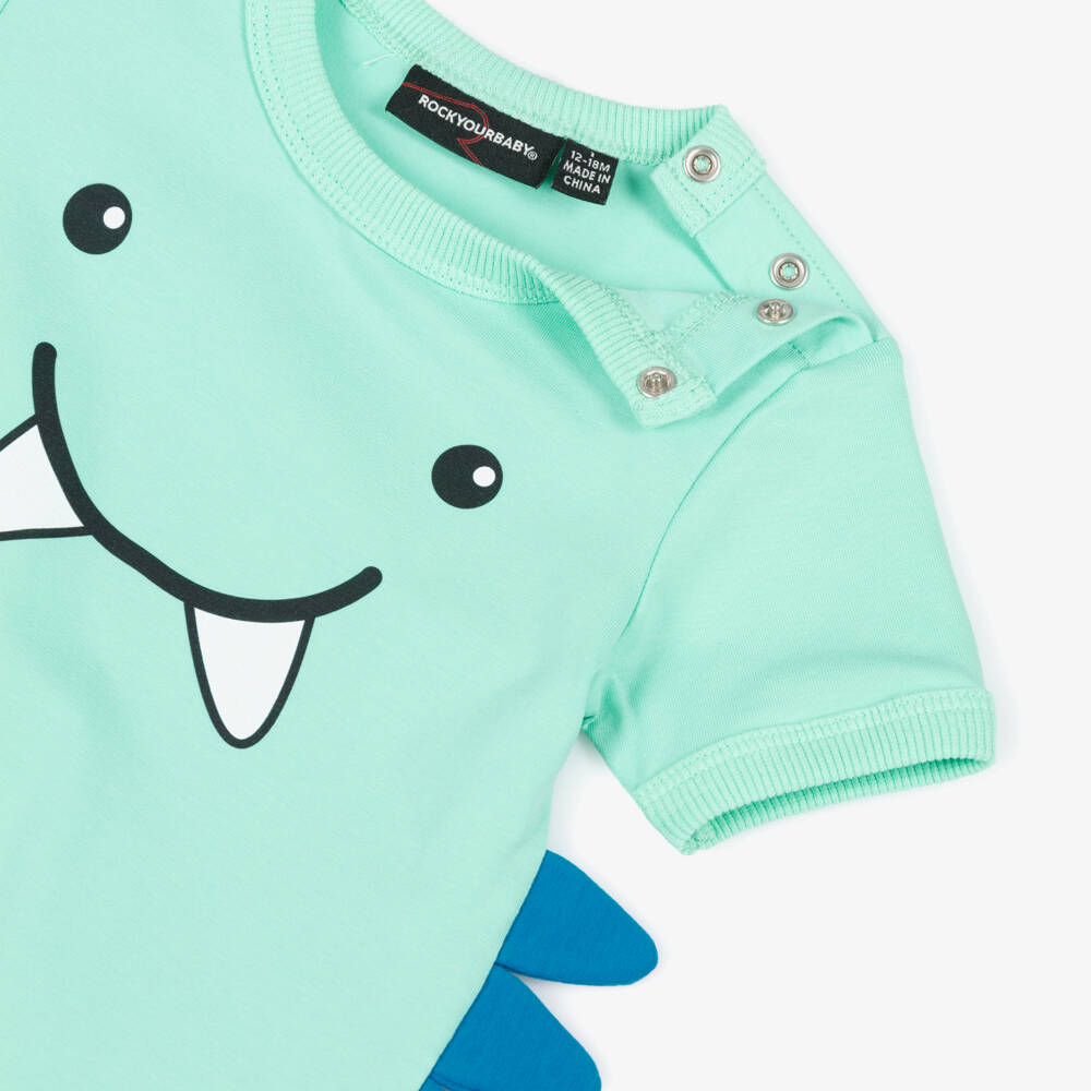 Rock Your Baby-Baby Boys Aqua Green Dino Bodysuit | Childrensalon Outlet