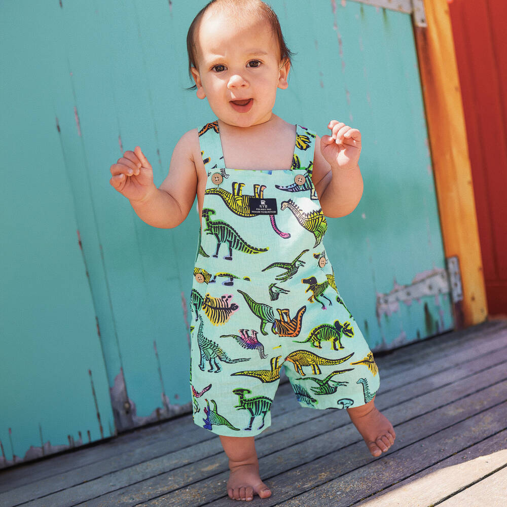 Rock Your Baby-Baby Boys Aqua Green Dino Dungarees | Childrensalon Outlet