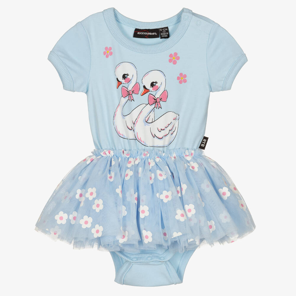 Rock Your Baby - Baby Girls Blue Cotton Swans Dress | Childrensalon